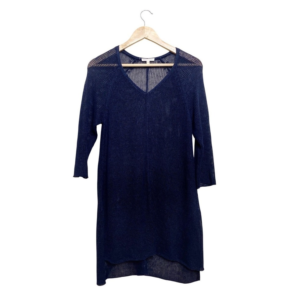 Eileen Fisher Navy Blue‎ 100% Linen Mesh Knit V-Neck Tunic Sweater XS